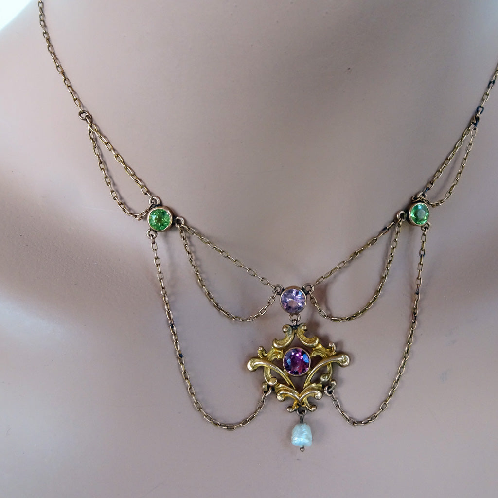 Antique Edwardian Peridot & Pearl Heart Necklace | RH Jewellers